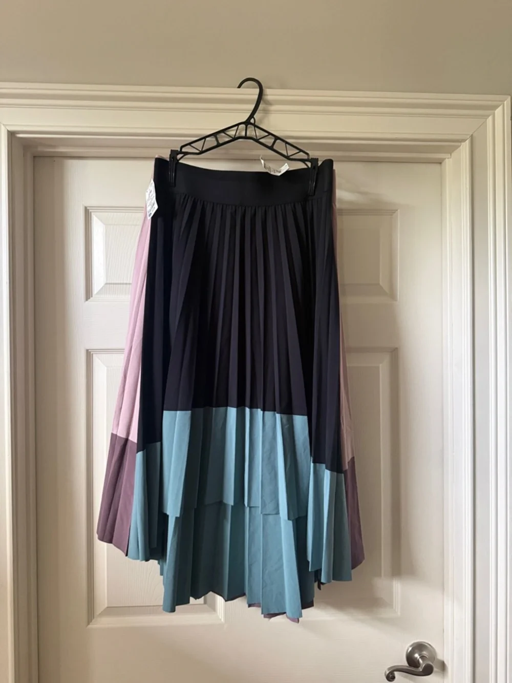 2-Pleated Colorblock Midi Skirt in Black, Dusty Blue & Mauve - Picture 1 of 2